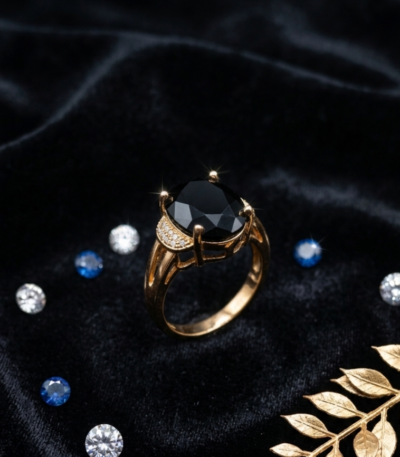 Black onyx oval statement ring with gold-tone setting and sparkling pavé-style shoulder accents by https://vastorastore.com/