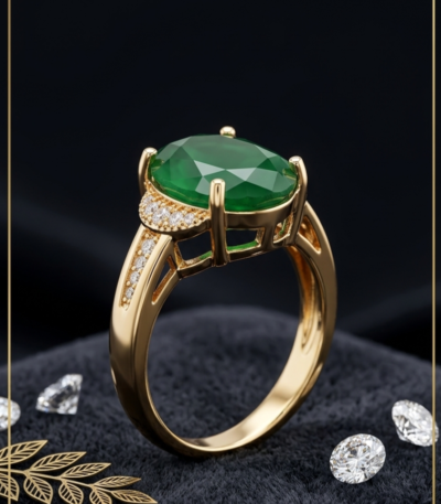 Emerald green oval statement ring with gold-tone setting and sparkling pavé side accents by https://vastorastore.com/