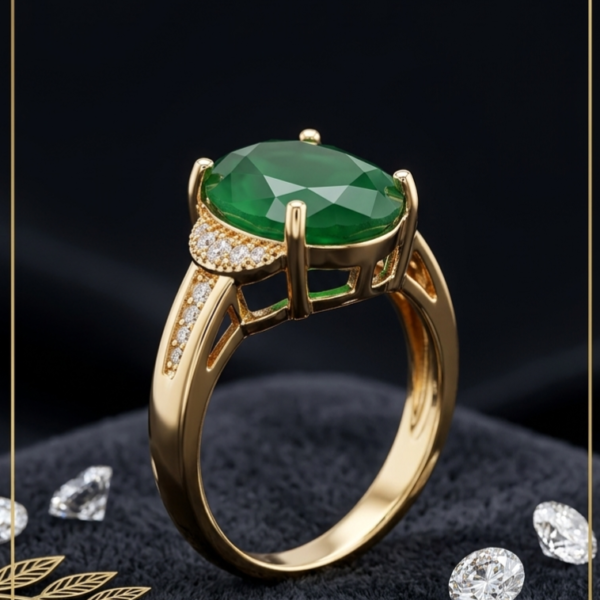 Emerald green oval statement ring with gold-tone setting and sparkling pavé side accents by https://vastorastore.com/