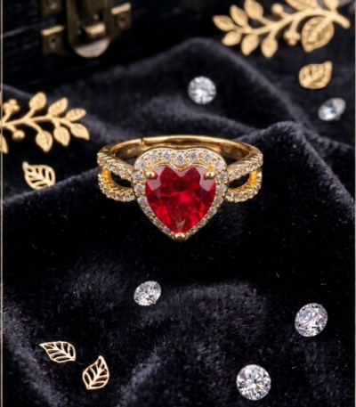 Red heart-shaped gold-tone ring with sparkling halo and pavé-style band on black velvet by https://vastorastore.com/