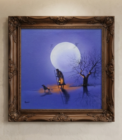 12 x 12 inch moonlit landscape painting with traveler, dog, glowing moon and ornate dark wood frame