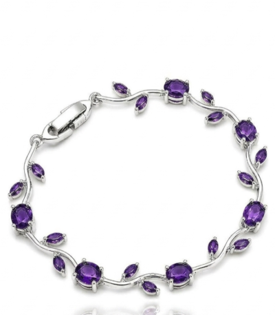 Purple Tulip Bracelet with oval purple stones, marquise-shaped accents, and silver-tone detailing on a white background.