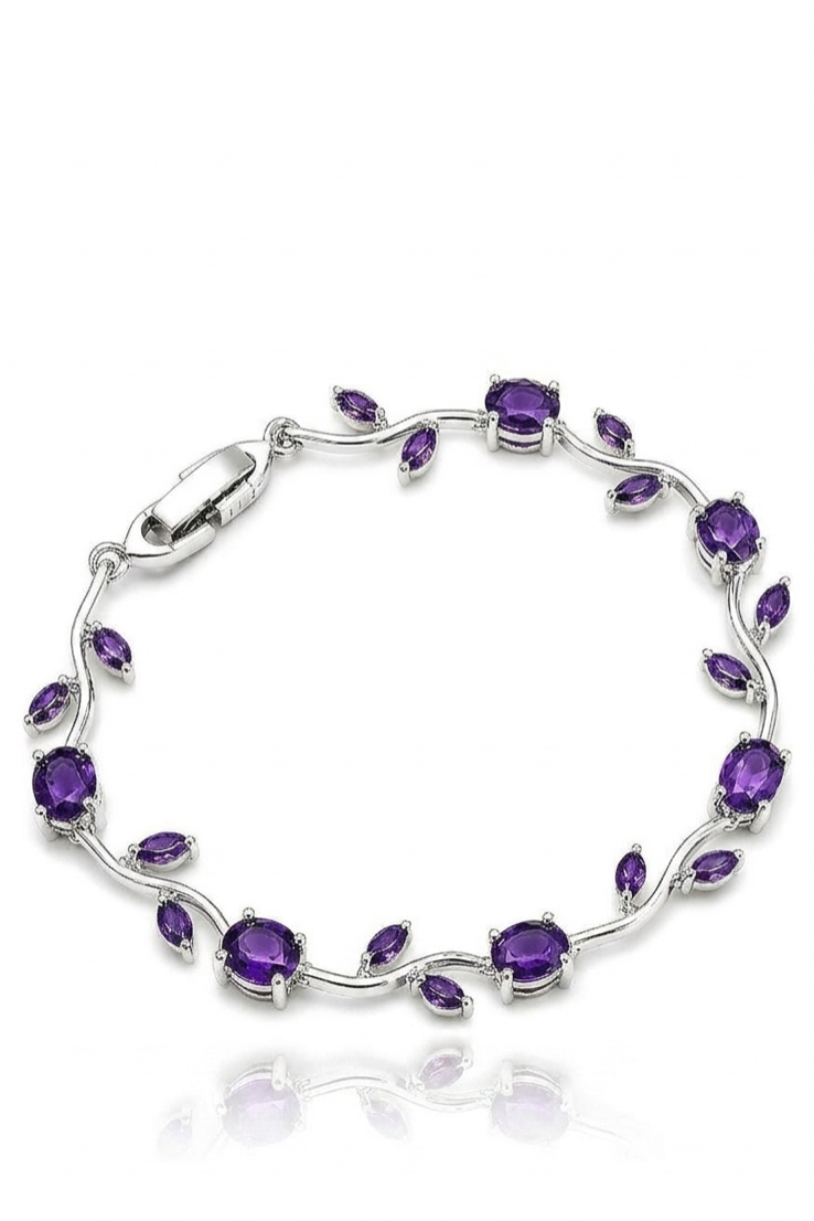 Purple Tulip Bracelet – Silver-Tone Floral Design Purple Tulip Bracelet with oval purple stones, marquise-shaped accents, and silver-tone detailing on a white background.
